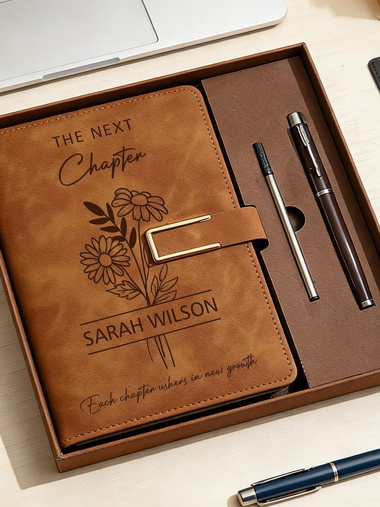 The Next Chapter Journal, Custom Engraved Leather Notebook Set with Pen, University Graduation Gift, Class of 2026 Keepsake, High School